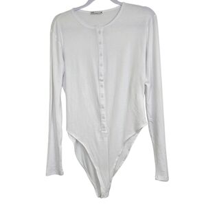 Zara White Henley Bodysuit Long Sleeve NWOT Sz L Minimalist Fitted Top